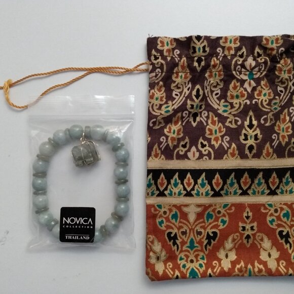 Novica Jewelry - Jade Beaded Bracelet With Carved Elephant Charm Includes Gift Bag ~ New